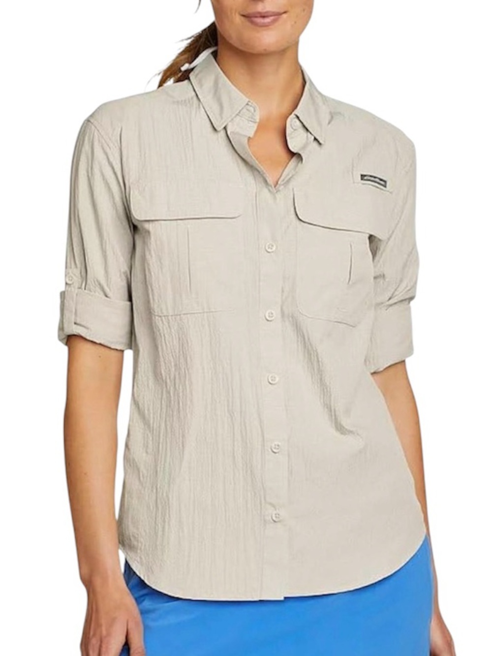 Eddie Bauer Women’s Fishing Shirt Beige Long Sleeve Roll Tab Hiking Utility